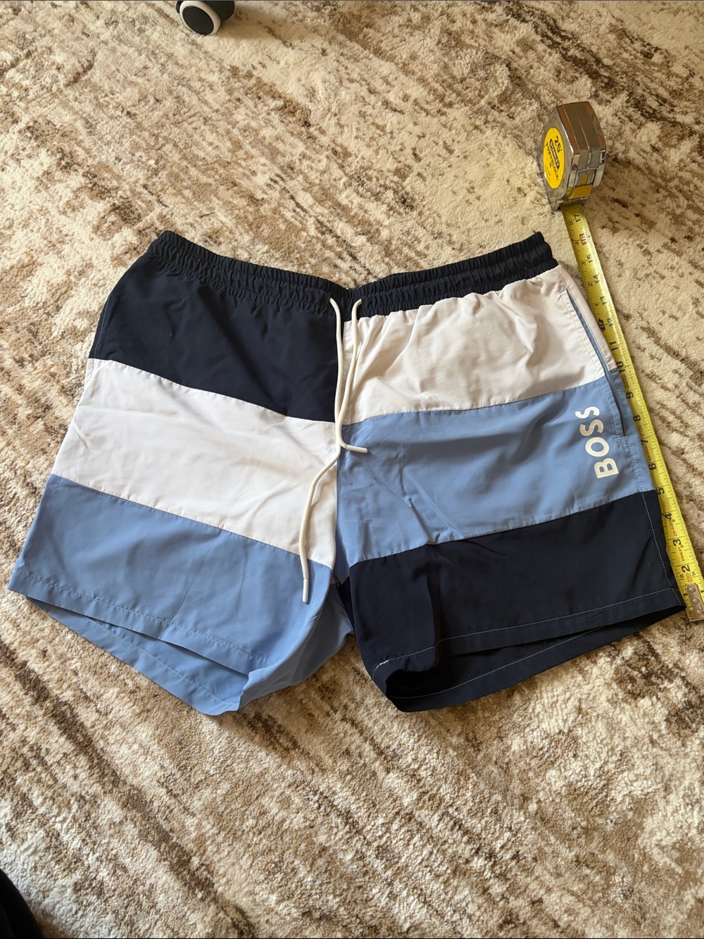 BOSS Men's Navy, Light Blue & White Colorblock Swim Trunks.  XL